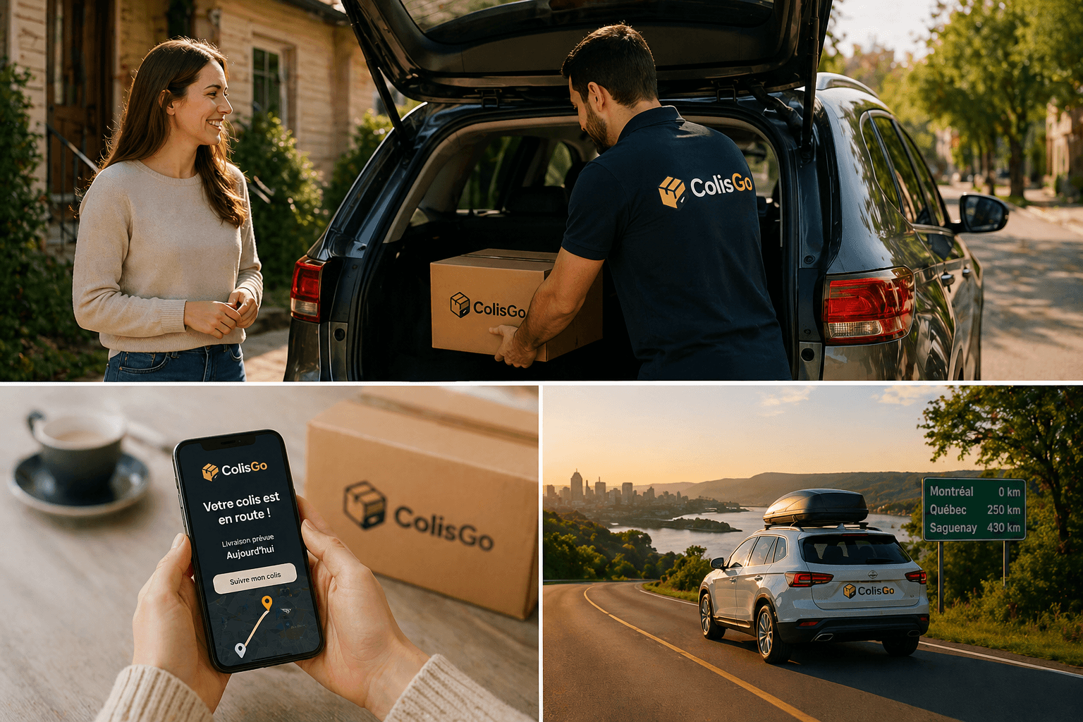 A traveler places a customer's package in the trunk while she smiles
