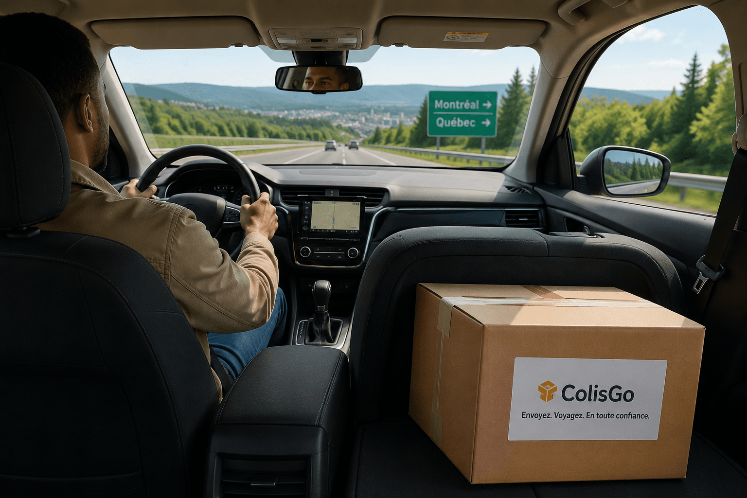 Person driving between cities with a package in the trunk