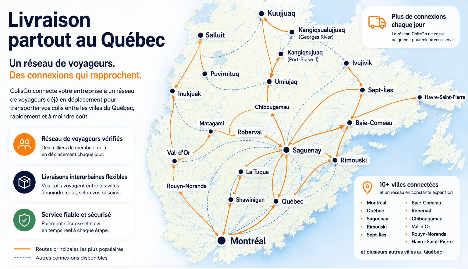 Quebec map and ColisGo network for business intercity delivery