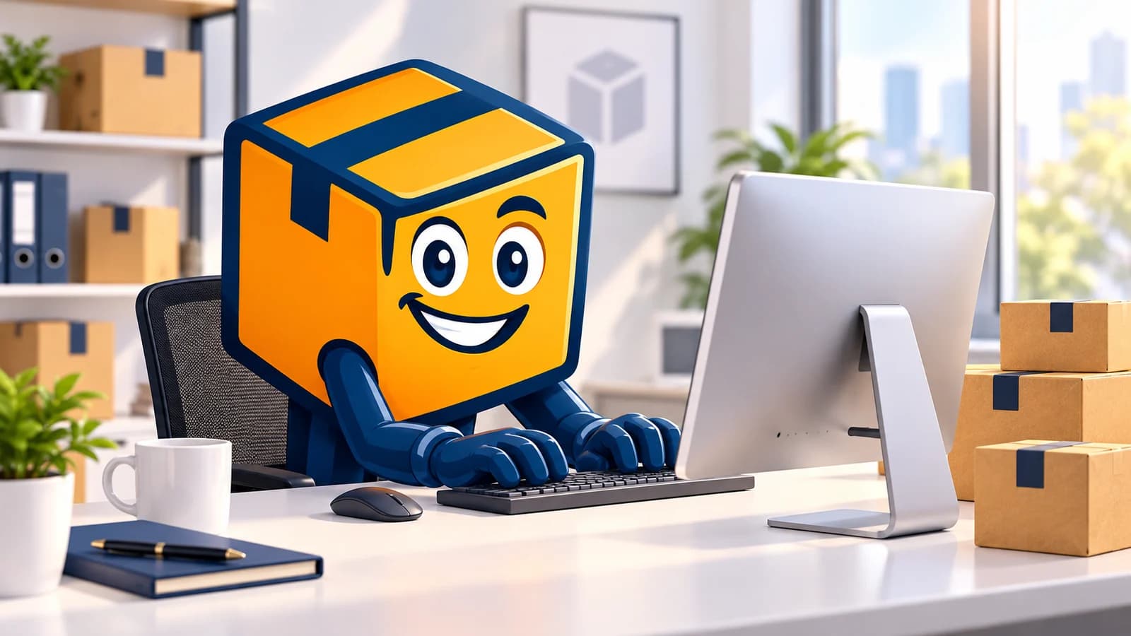 ColisGo mascot using a computer in an office